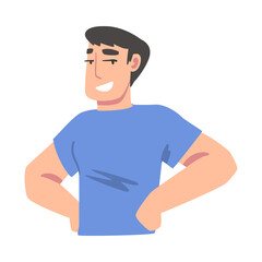 Confident Young Man Standing with Hands on his Hips, Guy Expressing Positive Emotions, Self Love, Self Pride, Acceptance, Esteem Cartoon Vector Illustration