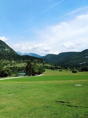 Fototapeta na wymiar Slovenia, Bohinj, green meadow with Julian Alps