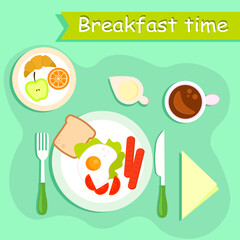 Vector breakfast concept with food and drinks with flat icons in composition. Menu of scrambled eggs, bread, tomatoes, fruit and croissant, as well as coffee.