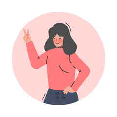 Teenage Girl Showing Victory Sign Gesture, Teenager Expressing Positive Emotions, Nonverbal Communication Concept Cartoon Vector Illustration