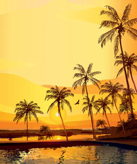 Vector travel banner with tropical landscape at sunset or sunrise. Silhouettes of palm trees against the background of the sky and the calm sea. Romantic summer illustration