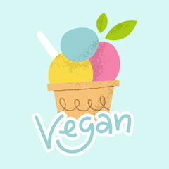Vegan ice cream logo with lettering. Cute dairy free frozen fruit dessert sorbet in cup with leaves.