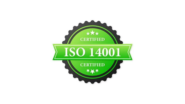 ISO certified 14001 green rubber stamp with green rubber on white background. Realistic object. Motion graphics.