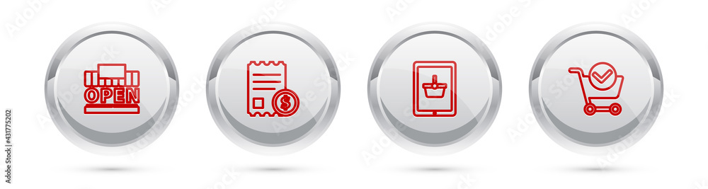Poster set line shopping building and open, paper check financial check, basket on tablet and cart with mar
