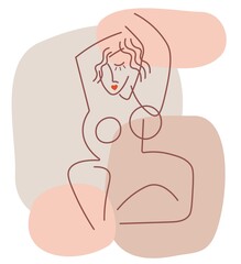 Abstract body silhouette of naked sitting woman. Surrealistic line drawing. Modern continuous line art
