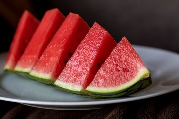 A close up portrait of a sliced up quarter of a watermelon. The fruit is red in the middle with black seeds and has a green striped skin and is lying on a white plate, the background is dark.