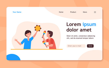 Cute children playing music with tambourine and maracas. Rhythm, musician, boy flat illustration. Entertainment and fun concept for banner, website design or landing web page