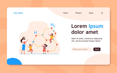 Cute tiny children learning chemistry with teacher. Molecule, mask, school flat vector illustration. Education and study concept for banner, website design or landing web page