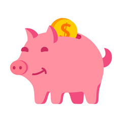 Piggy bank with gold coins.Budget or money savings.Financial symbol.Vector flat illustration.Isolated on white background.