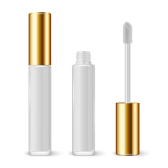 Vector 3d Realistic Closed, Opened White Lip Gloss, Lipstick Package, Golden Cap Set Isolated. Glass Container, Tube, Lid, Brush. Plastic Transparent Bottle Design Template, Mockup. Front View - obrazy, fototapety, plakaty