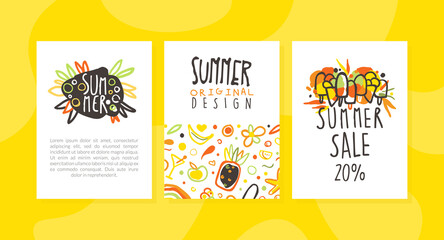 Summer Sale Card Templates Set, Poster, Invitation, Flyer with Holiday Symbols and Space for Text Vector Illustration