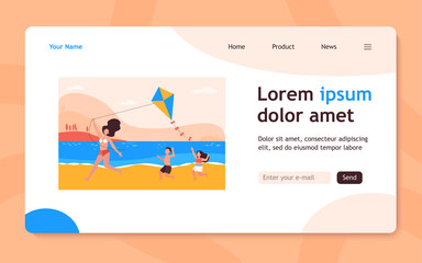 Happy mom with kids flying kite on beach. Family having fun at seaside. Flat vector illustration. Summer activity, leisure, vacation concept for banner, website design or landing web page