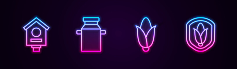 Set line Bird house, Can container for milk, Corn and Shield corn. Glowing neon icon. Vector