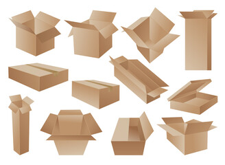 Boxes. Cardboard box mockup set. Mail containers in various shapes. Collection of brown recycling cardboard delivery boxes or postal parcel packaging, realistic  illustration