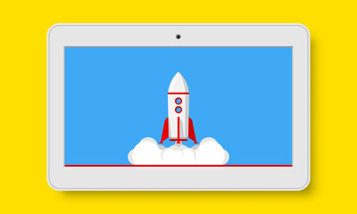 Rocket launch on tablet screen flat vector illustration. Startup concept.
