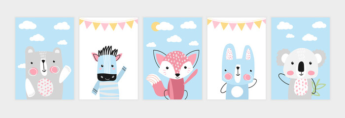 Cute posters with little bear, zebra, fox, hare, koala