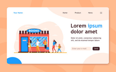 Fototapeta premium Smiling people standing in line to book store. Shop, study, novel flat vector illustration. Education and reading concept for banner, website design or landing web page