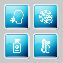 Set line Man coughing, Negative virus, Liquid antibacterial soap and High human body temperature icon. Vector