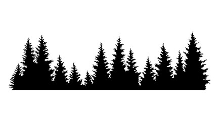Fir trees silhouettes. Coniferous spruce horizontal background pattern, black evergreen woods  illustration. Beautiful hand drawn panorama of a coniferous forest