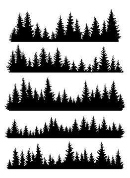 Set of fir trees silhouettes. Coniferous spruce horizontal background patterns, black evergreen woods  illustration. Beautiful hand drawn panoramas of a coniferous forest