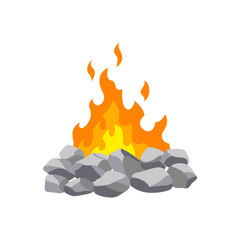 Fireplace campfire. Burning fire travel and adventure symbol.  bonfire or woodfire in cartoon flat style. A tourist bonfire in the stone border