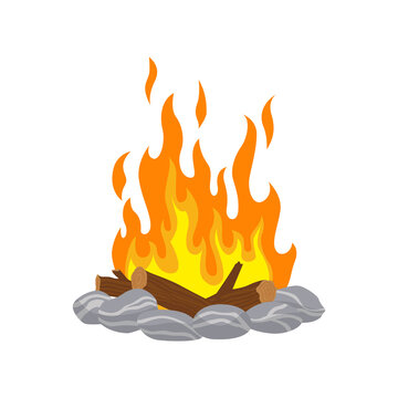Fireplace campfire. Burning fire travel and adventure symbol.  bonfire or woodfire in cartoon flat style. A tourist bonfire in the stone border