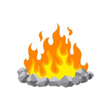 Fireplace campfire. Burning fire travel and adventure symbol.  bonfire or woodfire in cartoon flat style. A tourist bonfire in the stone border
