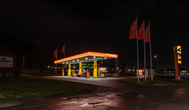 Gothenburg, Sweden - december 01 2020: Evening photo of an Ingo gas station..