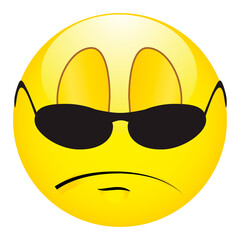 Yellow smiley in black sunglasses on a white background.