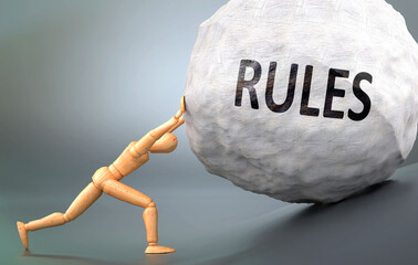 Rules and painful human condition, pictured as a wooden human figure pushing heavy weight to show how hard it can be to deal with Rules in human life, 3d illustration