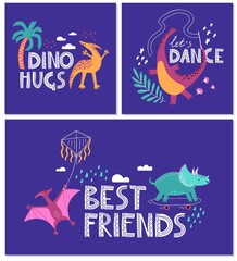 Hand drawn color dinosaurs vector postcard set. Dino characters cartoon background with lettering. Scandinavian illustration. Kids poster, fabric, backdrop fill