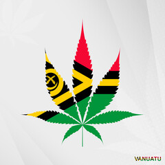 Fototapeta na wymiar Flag of Vanuatu in Marijuana leaf shape. The concept of legalization Cannabis in Vanuatu.