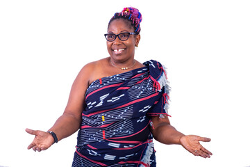 close-up of a beautiful African woman in traditional dress, happy.