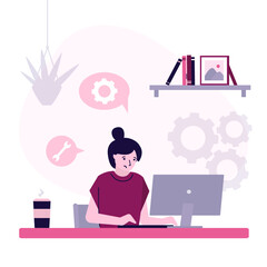 Sad business woman repairing computer. Female employee setting up software. Failure girl in workspace adjust computer settings. Concept of computer maintenance service. Flat vector illustration