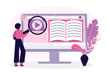 African american girl uses magnifying glass and look for information. Black woman searching for courses or webinar on computer screen. Technology online search concept. E-learning. Vector illustration