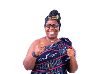 close-up of a beautiful African woman in traditional dress, happy.