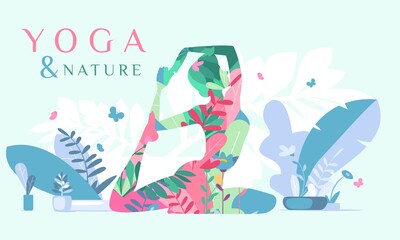 Young woman practicing yoga in nature. Woman and yoga abstract vector illustration.