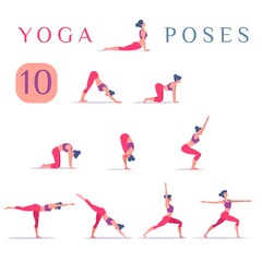 Poses of woman yoga exercising. Concept illustration for yoga, healty, meditation, relaxation.