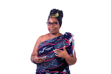 close-up of a beautiful African woman in traditional dress.