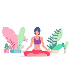 Obraz na płótnie Canvas Woman sitting in the lotus position among the flowers. Concept illustration for yoga, meditation, relaxation, healthy lifestyle.