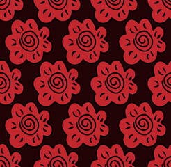 Cute floral seamless pattern with red flower doodle line art on dark black background. Vector backdrop with flower element in simple hand drawn childish style. Textile