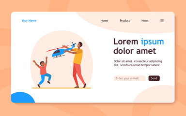Happy African American father and son playing with helicopter. Toy, dad, kid flat vector illustration. Fatherhood and childhood concept for banner, website design or landing web page