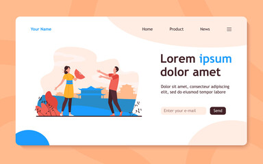 Male traveler talking with Asian girl in traditional clothes. China, weekend, nation flat vector illustration. Travel and holiday trip concept for banner, website design or landing web page