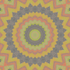 Seamless kaleidoscopic circular pattern. Mandala. Gray, yellow, and orange ornaments.