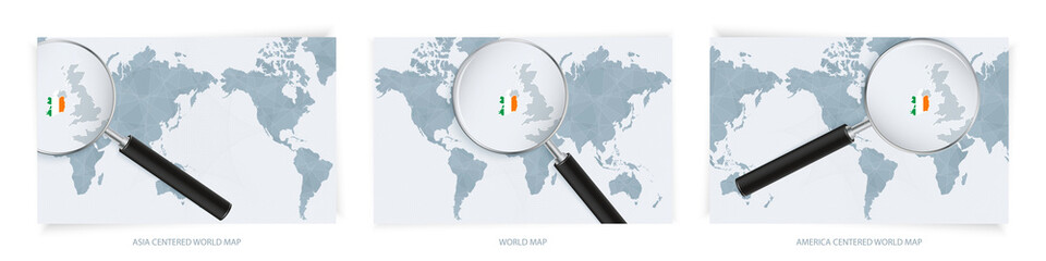 Blue Abstract World Maps with magnifying glass on map of Ireland with the national flag of Ireland. Three version of World Map.