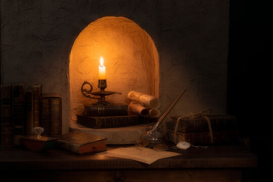 Hornacina con candil , pergaminos libro , pluma , reloj de bolsillo ,en un ambiente c&aacute;lido y sombr&iacute;o