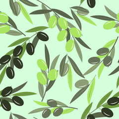Olive tree branches with green olives. Vector seamless illustration in trendy green colors for design, farmers market decoration, food labels, banners, stickers.