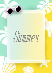 Tropical Summer Background with jungle leaves. Colorful gradient frame with space for text. Poster template with palm leaves and summer beach elements. Vector Illustration.