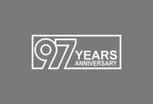 97 years anniversary logotype with white color outline in square isolated on grey background. vector can be use for company celebration purpose