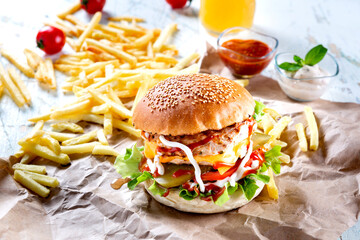 hamburger with fries